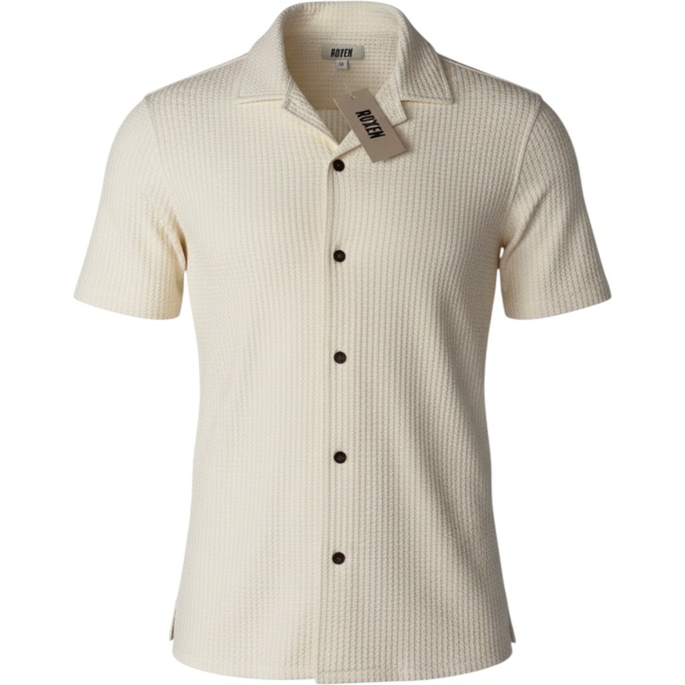 Ruxen Cuba Waffle Short Sleeve Button Down Cream Coastal Vacation Miami M NWT